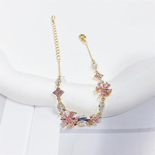 Pink Crystal Cherry Blossom Flower Chain Link Bracelet For Women Gold Silver Plated Fashion Cute Delicate CZ Petal Floral Sakura Bangle Bracelets Adjustable Sweet Dainty Fine Jewelry Gifts For Her