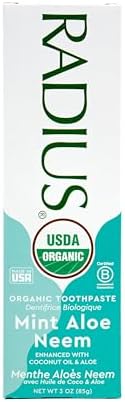 Radius USDA Organic Toothpaste, Non Toxic Chemical-Free Gluten-Free Designed to Improve Gum Health & Prevent Cavity - Mint Aloe Neem - 3 Ounce (Pack of 1)