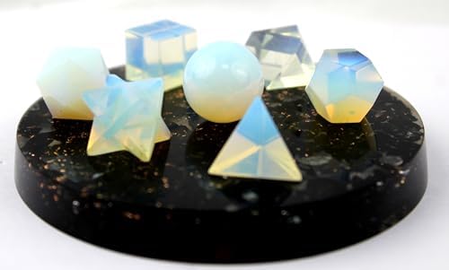 Opalite 7 Stones Sacred Geometry Sets Gemstone Platonic Solid Top Grade Quality Merkaba Star w/Attractive Cleansing Life Vitality Healing