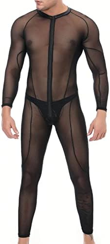 Mens Full Body Stockings Sexy Fishnet Lingerie Mesh Zipper Crotch Long Sleeve Bodysuits One Piece Jumpsuit Nightwear (Black,Medium)