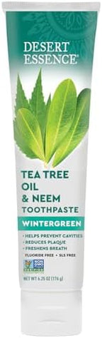 Desert Essence Tea Tree Oil & Neem Toothpaste - Fluoride-Free, Gluten-Free, SLS Free Formula - Vegan, Herbal Toothpaste for Plaque Reduction - Wintergreen Flavor, 6.25 oz