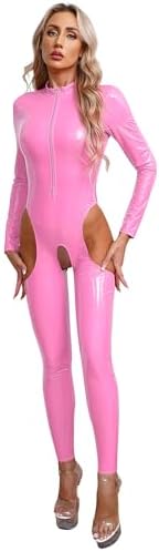 YiZYiF Women Sexy Hollow Out Latex Catsuit PVC Exotic Costume Lingerie Full Bodysuit Leotard Clubwear