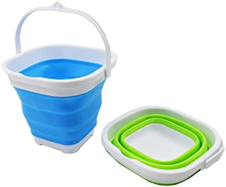SAMMART 2.6L (0.68 Gallon) Super Mini Sqare Collapsible Plastic Bucket - Foldable Square Tub - Portable Fishing Water Pail - Space Saving Outdoor Waterpot (Marine Blue + Grass Green, Set of 2)