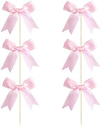 Ephlyn 24Pcs Pink Bow Cupcake Toppers Bow Cake Topper Birthday Decorations Mini Bowknot Cupcake Picks for Coquette Theme Party Decoration Bachelorette Bridal Engagement Wedding Party Pink