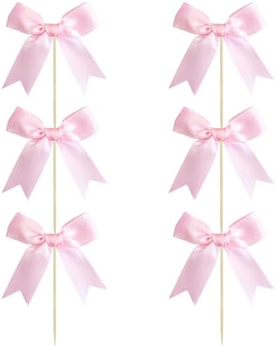 Ephlyn 24Pcs Pink Bow Cupcake Toppers Bow Cake Topper Birthday Decorations Mini Bowknot Cupcake Picks for Coquette Theme Party Decoration Bachelorette Bridal Engagement Wedding Party Pink