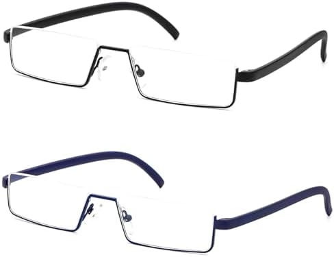 REAVEE 2 Pack Half Frame Reading Glasses for Men Women, Half Lens Metal Lightweight Readers Portable with Case, Black and Blue +1.25