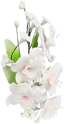 O'Creme Gumpaste Flower Spray, White Orchid - Edible Flowers for Cake Decorating - Sugar Paste Flower Decorations for Cakes, Candy, Cupcake Toppers - Birthday Party, Wedding, Baby Shower