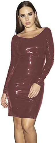 Long Sleeve Women Dress Faux Leather Pencil Dress for Women Fashion O-Neck Elegant Dresses Sexy Slim Bodycon Dress Plus Size,Dark Red,4XL