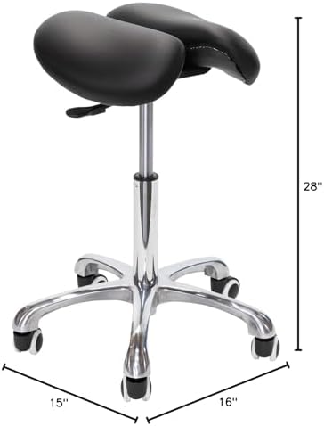 Saddle Stool with Wheels Rolling Chair - Ergonomic Split Seat Design, 360° Swivel Mobility, and Heavy Duty Adjustable Height - Professional Salon, Massage & Esthetician Spa Stool - (Black)