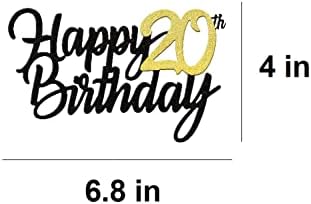 Happy 20th Birthday Cake Toppers Glitter 20th Anniversary Cake Topper 20 Years Loved Bday Decorations 20 Gold Birthday Cake Decorations Twenty Party Supplies for Women Men(Black Gold)