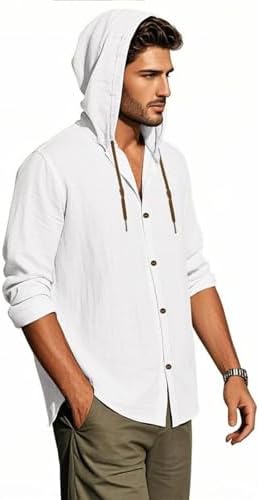 PIDOGYM Men Cotton Linen Long Sleeve Button Down Shirt Summer Casual Hawaiian Beach Tops Lightweight Fashion Hoodies