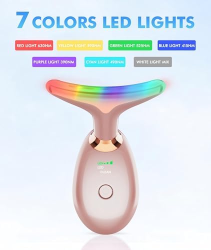 SDKWDH Red Light Therapy for Face and Neck, 7 Color Face Massager Tool for Wrinkles, Double Chin, Vibrating Facial Massager with Thermals for Skin Care, Rose Gold