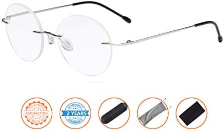 CessBlu Rimless Reading Glasses Round Readers for Men Women (Silver) +0.0