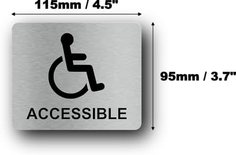 Wheelchair Accessible, Disability, Handicap, Disabled Sign. Silver Adhesive Sticker Notice. Metallic Silver Engraved Black with Universal Icon Symbol and Text (Small Size: 5 inches x 4 inches)