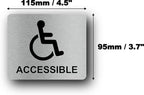 Wheelchair Accessible, Disability, Handicap, Disabled Sign. Silver Adhesive Sticker Notice. Metallic Silver Engraved Black with Universal Icon Symbol and Text (Small Size: 5 inches x 4 inches)
