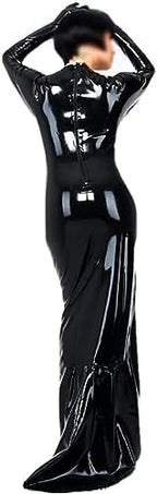 Black Long Sleeves Sexy Latex Dress with High Collar Zipper Back Rubber Gown Bodycon Playsuit,Black,XXL