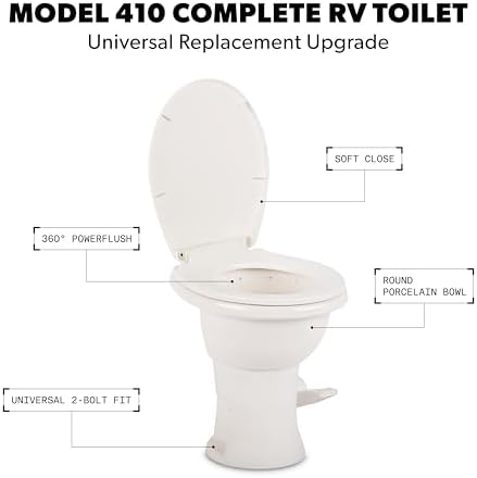 Dometic Model 410 Complete RV Toilet – Round Porcelain Bowl, Universal Fit & 2-Bolt Mount, 18" Chair Height Residential-Style, Gravity Flush Toilet with Soft-Close Seat, White (9610008259)