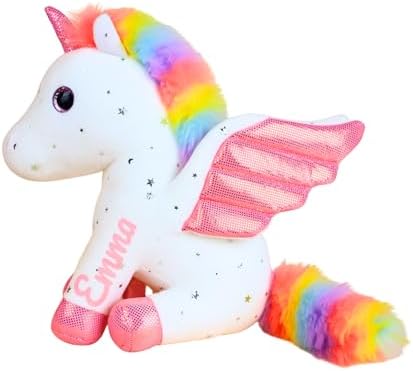 Personalized Stuffed Animal, Unicorn Plush with Rainbow Mane & Pink Wing, Customized Stuffie with Kids’ Name, Kids' Memorable Birthday