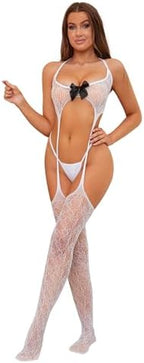 QOXNORC Women's Sexy Lingerie 3 Piece Lingerie Set with Garter Belt Stockings and Panty, Lace Crotchless Teddy Bodysuit