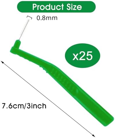 Thinp 25 Pcs Interdental Brushes,L-Shaped Interdental Brushes Angled Interdental Brushes Between Teeth and Gums Soft Bristled Interdental Brushes for Teeth Cleaning Plaque Removal(Green 0.8mm)