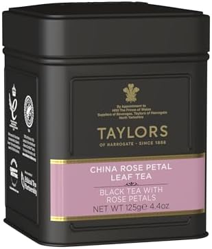 Taylors of Harrogate China Rose Petal, Black Tea, Loose Leaf, 4.41 Ounce Tin Caddy, Fragrant, Delicate, and Floral, Caffeinated, Premium Whole Leaf Tea