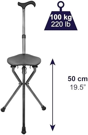 KMINA Cane with Seat Folding Lightweight, Carbon Fiber, Height Adjustable, Cane Chair for Woman and Men, Black, PRO Model
