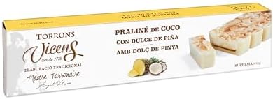 Coconut Praline Nougat with Pineapple by Vicens – 300g Bar – White Chocolate Turrón with Coconut Pieces and Tropical Notes