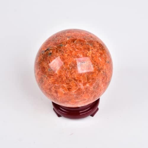 JIC Gem Big Sparkling Quartz Crystal Ball Sunstone Healing Crystal Gemstone Sphere with Decorative Wooden Stand for Meditation Gifts Decoration (80-90mm)