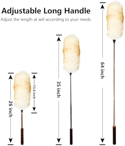 Lambs Wool Extendable Household Cleaning Duster 64" Wall Duster Cleaner with Stainless Steel Long Handle and Extension Pole for Cleaning High Ceiling Fan Interior Roof, Yellow&White