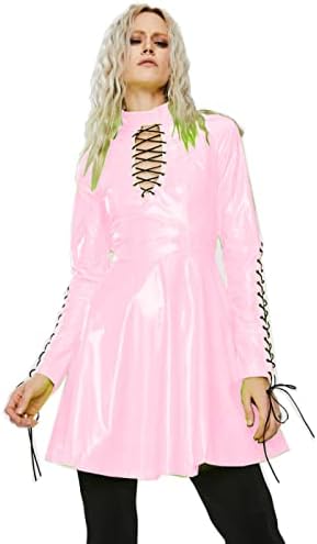 Women PVC Long Sleeve Dress Vinyl Hollow Out A-Line Dress High Waist Above Knee Mini Party Dress,Light Pink,XL