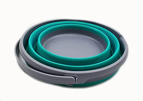 SAMMART 10L (2.6 Gallon) Collapsible Plastic Bucket - Foldable Round Tub - Portable Fishing Water Pail - Space Saving Outdoor Waterpot, Size 33cm Dia (1, Grey/Bluish-Green)