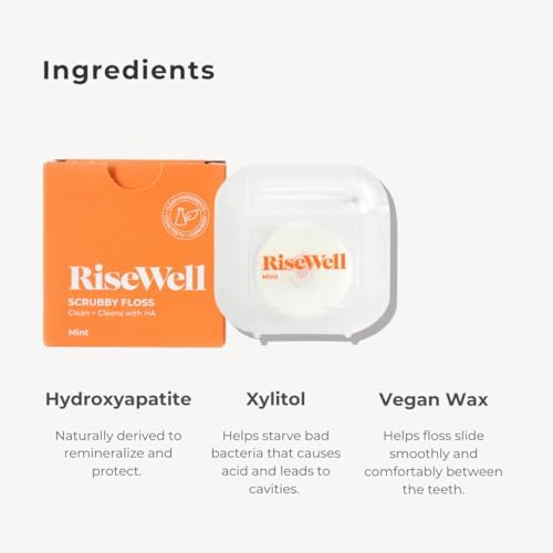 RiseWell Scrubby Tooth Floss - Natural PFAS Free Floss for Teeth with Hydroxyapatite and Xylitol - Dentist-Formulated Plaque Remover for Teeth - Vegan, Expanding Dental Flossers, Mint Waxed, 30 Yards