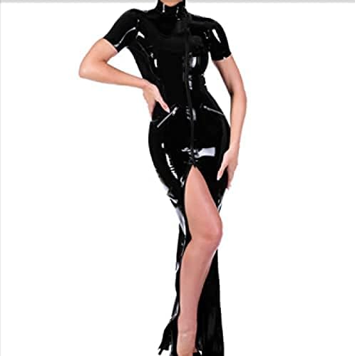 Latex Rubber Cosplay Sexy Dress Black Long Zip Bodycon Dress 0.4 Mm S-XXL Black,Black,L