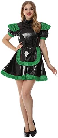 High Collar PVC Leather Maid Dress Shiny Pu Leather Short Puff Sleeve Outfit,Green,M