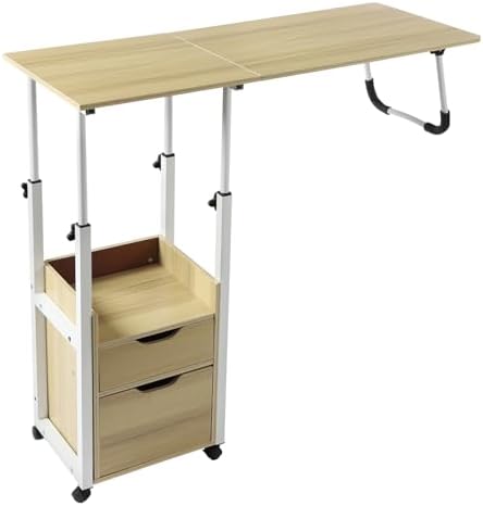 Overbed Table with Wheels, Movable Bedside Table, Height Adjustable Over Bed Desk, Foldable Rolling Laptop Desk with Drawers & Storage Shelve, for Bedroom, Living Room, Office (Light Wood)