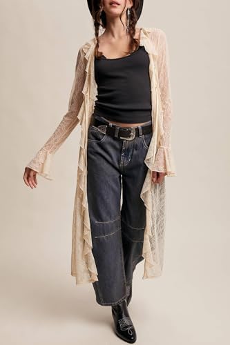 Boho Lace Kimono Cardigans For Women Sexy Mesh Sheer Tie Front Long Sleeve Ruffle Trim Duster Layering Shirt Cover Up