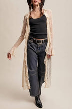 Boho Lace Kimono Cardigans For Women Sexy Mesh Sheer Tie Front Long Sleeve Ruffle Trim Duster Layering Shirt Cover Up