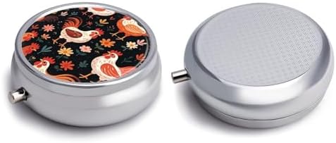 Cute Rooster Chickens Pill Organizer Cute Pill Box Decorative Metal Pill Case Portable Vitamin Organizer Travel Medicine Holder Mini Pill Storage Container for Purse