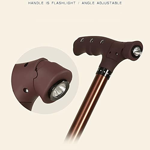 HYHMJ-Height Adjustable Aluminium Cane Seat Magnetic Therapy Grip with Spin LED Light Non-Slip Rubber Feet Tripod Walking Stick and Seat,Brass
