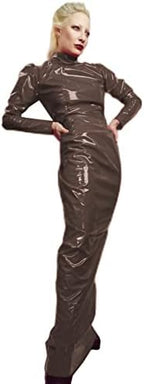 Wetlook PVC Dress Latex Faux Leather Tight Dress Turtleneck Long Sleeve Slim Bodycon Dress,Dark Brown,L