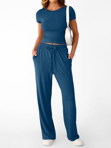 Trendy Queen 2 Piece Matching Summer Sweatsuit Lounge Set Womens Wide Leg Pants Side Ruching Crop Top Sets