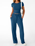Trendy Queen 2 Piece Matching Summer Sweatsuit Lounge Set Womens Wide Leg Pants Side Ruching Crop Top Sets