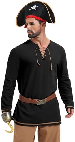 Runcati Mens Medieval Pirate Tunic Shirt Renaissance Viking Knight Costume Shirts Lace Up Halloween Warrior LARP Tops