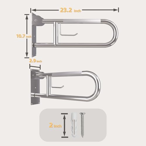 23 Inch Toilet Grab Bar, Flip Up Grab Bar with Paper Holder, Anti-Slip Safety Bars for Toilet, Stainless Steel Knurled Toilet Handles for Seniors Disabled Elderly Pregnant, Brushed Nickel