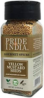 Pride of India – Yellow Mustard Seed Whole – Pungent & Aromatic – Gourmet Indian Spice – Add in Salads/Dressings/Chicken/Meat/Pickles – Easy to Use – 2.8 oz. Small Dual Sifter Bottle