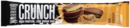 Warrior HIGH PROTEIN BARS (20g Protein each) - Low Carb, Low Sugar - Pack of 12 Caramel Crispy Crunch Bars - Dark Chocolate & Peanut Butter