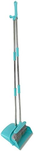 Extendable Long Handle Broom and Dustpan Set, Stainless Lightweight Upright Standing Broom and Dustpan Combo for Kitchen Lobby Office Living Room Household Indoor or Outside (Light Blue)