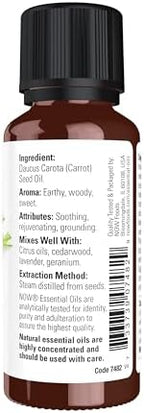 NOW Essential Oils, Carrot Seed Oil, Grounding Aromatherapy Scent, Steam Distilled, 100% Pure, Vegan, Child Resistant Cap, 1-Ounce