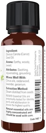 NOW Essential Oils, Carrot Seed Oil, Grounding Aromatherapy Scent, Steam Distilled, 100% Pure, Vegan, Child Resistant Cap, 1-Ounce