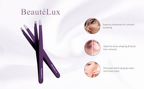Premium Slant Tip Eyebrow Tweezer (Purple), Stainless Steel Precision Tweezers for Men & Women, for Facial Hair Removal, with Leather Case